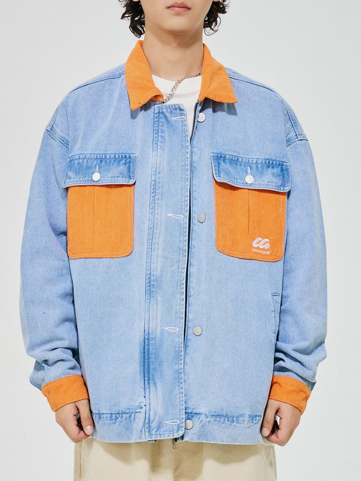 Majesda® - Orange Corduroy Patchwork Denim Jacket