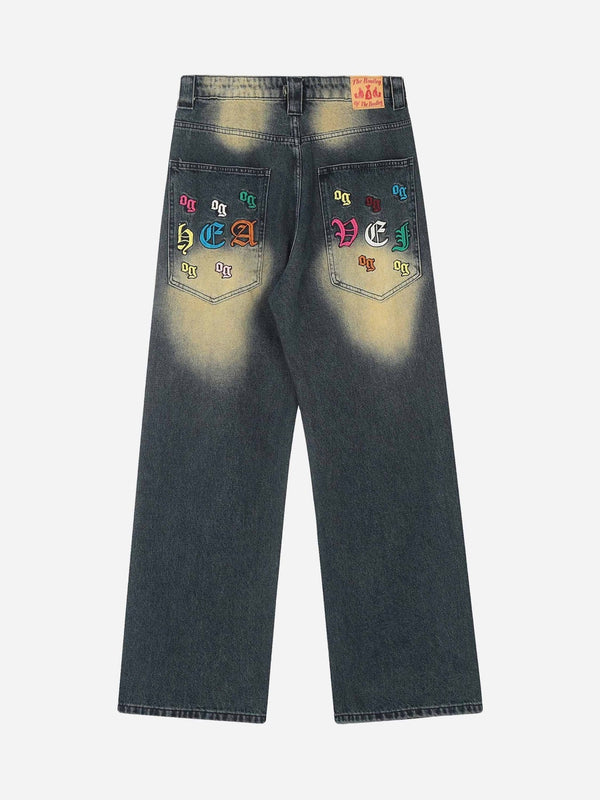 Majesda® - American Gothic Letter Embroidered Jeans - 1936- Outfit Ideas - Streetwear Fashion - majesda.com