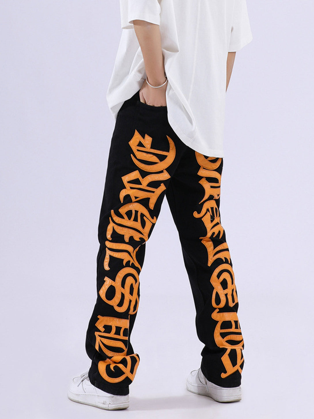 Majesda® - American High Street Burning Text Embroidered Letters Jeans -1478- Outfit Ideas - Streetwear Fashion - majesda.com