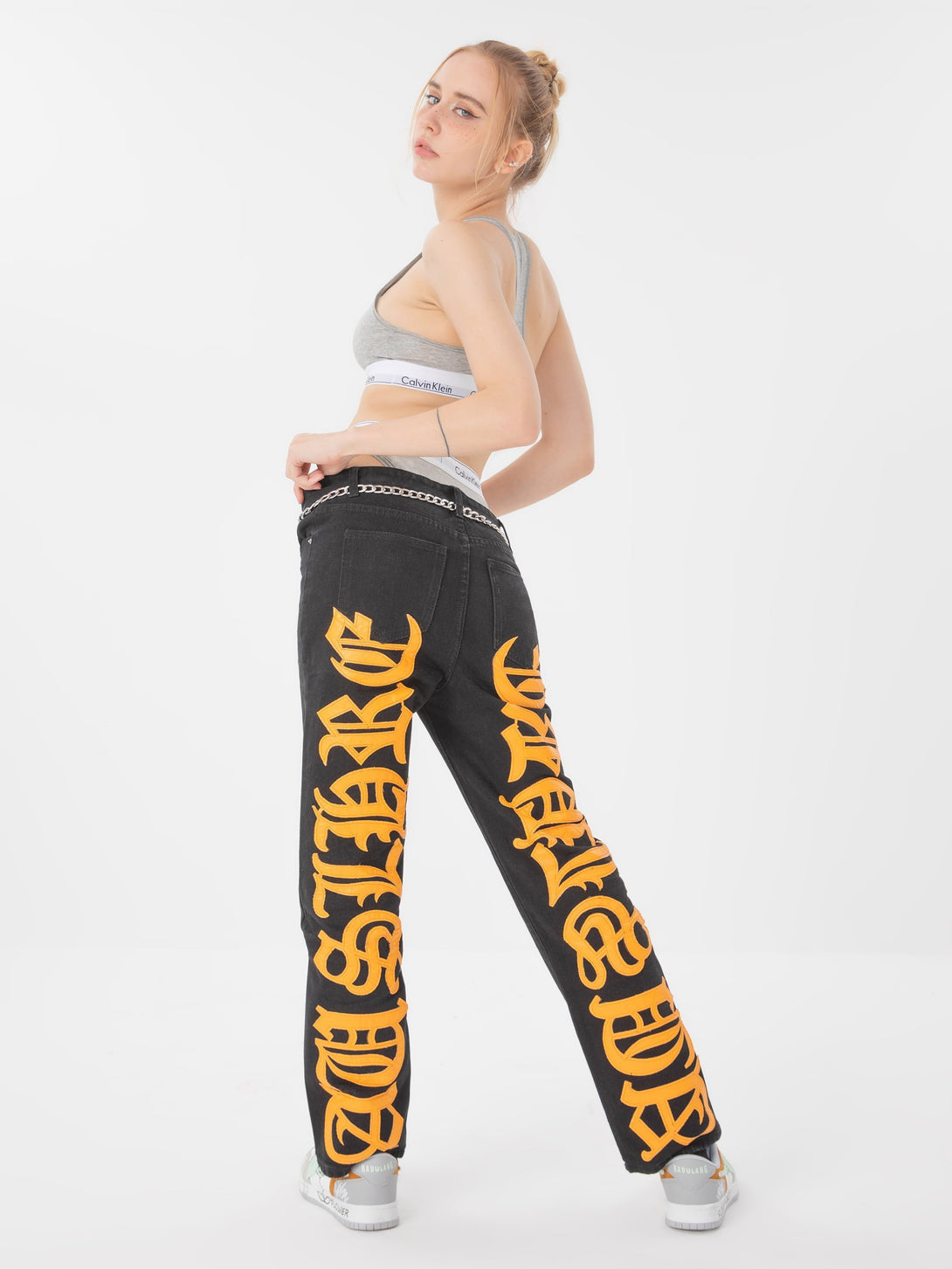 Majesda® - American High Street Burning Text Embroidered Letters Jeans -1478- Outfit Ideas - Streetwear Fashion - majesda.com