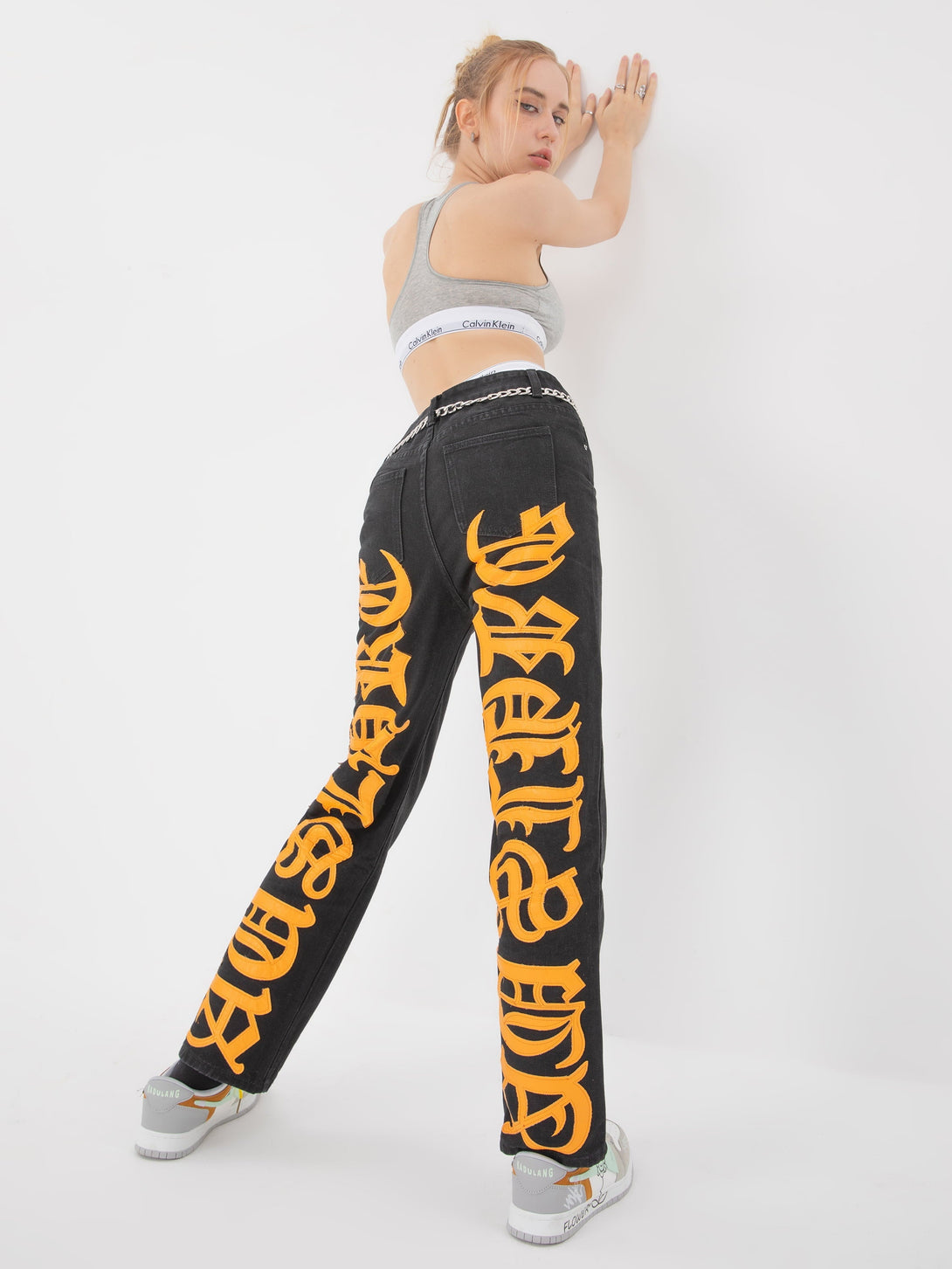 Majesda® - American High Street Burning Text Embroidered Letters Jeans -1478- Outfit Ideas - Streetwear Fashion - majesda.com