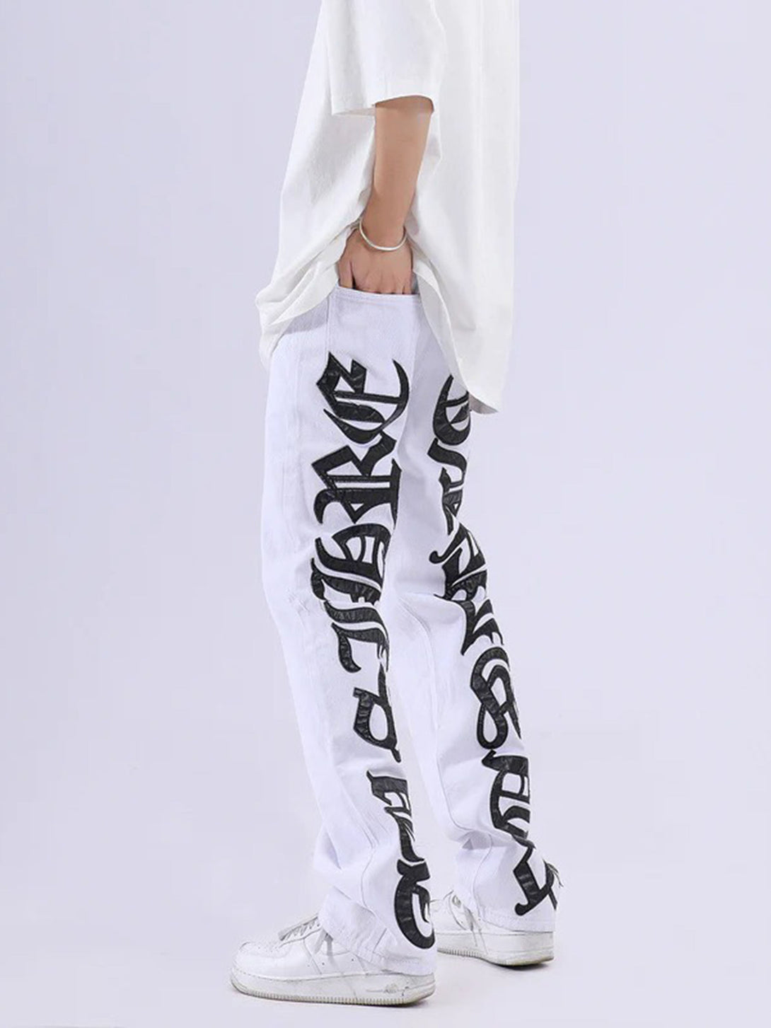 Majesda® - American High Street Burning Text Embroidered Letters Jeans -1478- Outfit Ideas - Streetwear Fashion - majesda.com