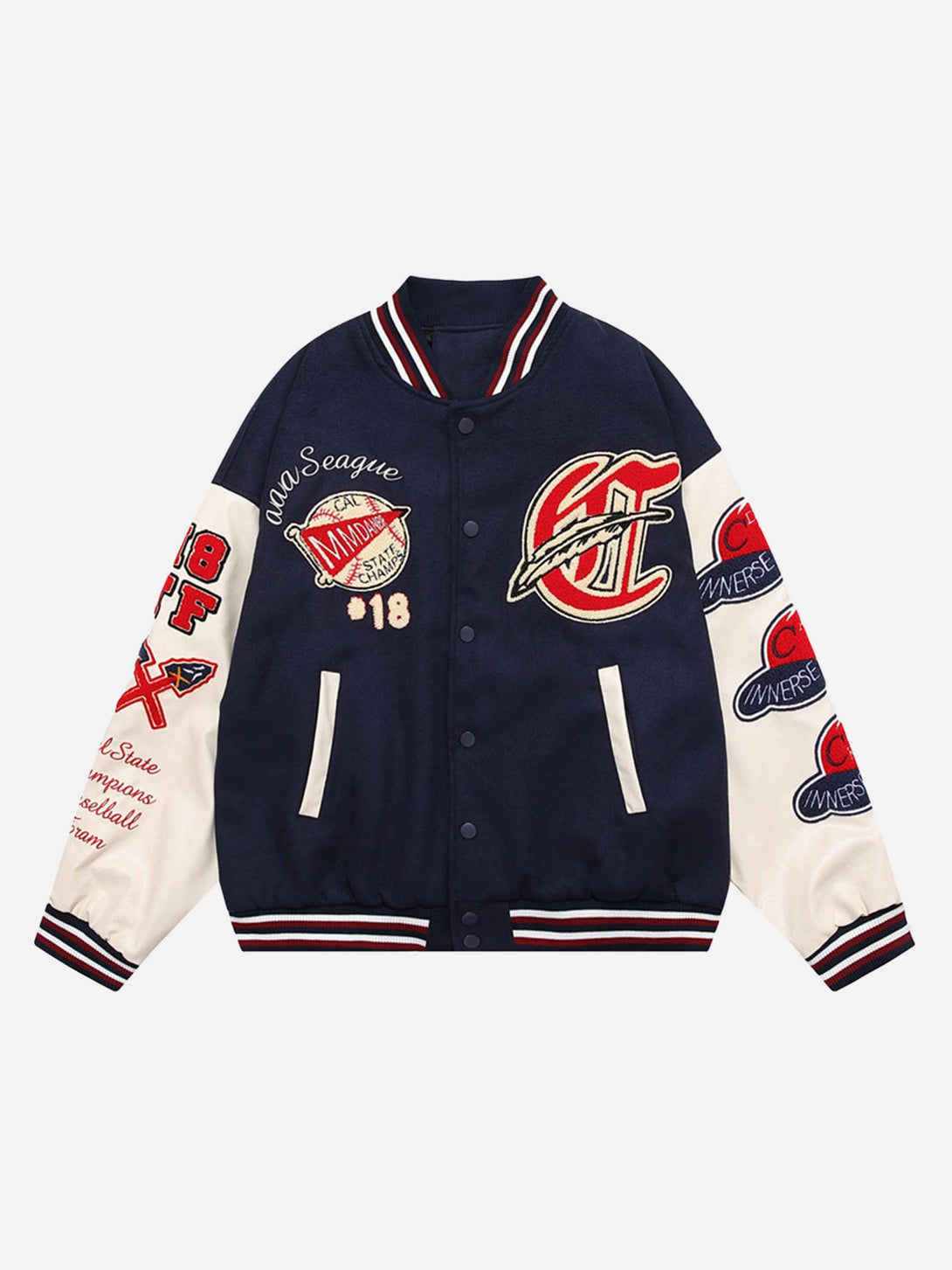 Majesda® - American Patchwork PU Leather Sleeve Embroidered Alphabet Baseball Jacket-1819- Outfit Ideas - Streetwear Fashion - majesda.com