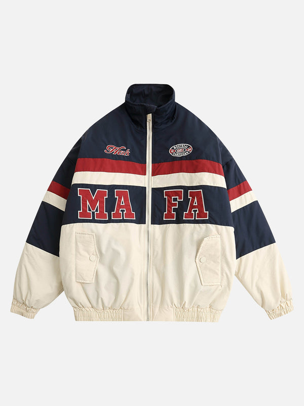 Majesda® - American Retro Letter Embroidery Stitching Collision Color Cotton Thickened Jacket - 1557- Outfit Ideas - Streetwear Fashion - majesda.com