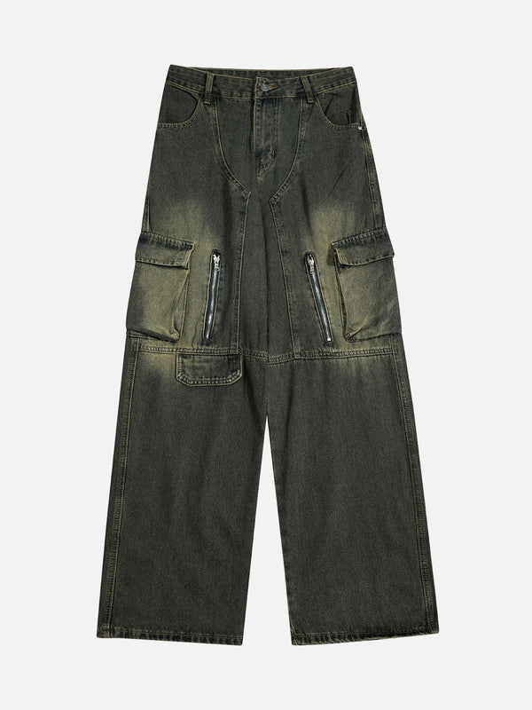 Majesda® - American Retro Multi-pocket Workwear Washed Jeans- Outfit Ideas - Streetwear Fashion - majesda.com