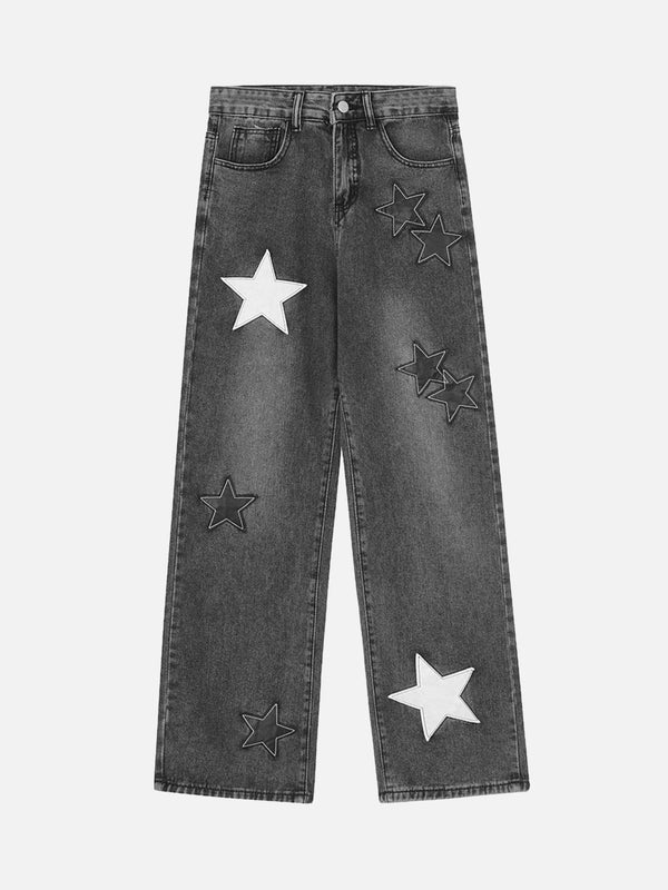 Majesda® - American Vintage Five-pointed Star Patch Embroidered Jeans Loose Straight-legged Pants -1439- Outfit Ideas - Streetwear Fashion - majesda.com