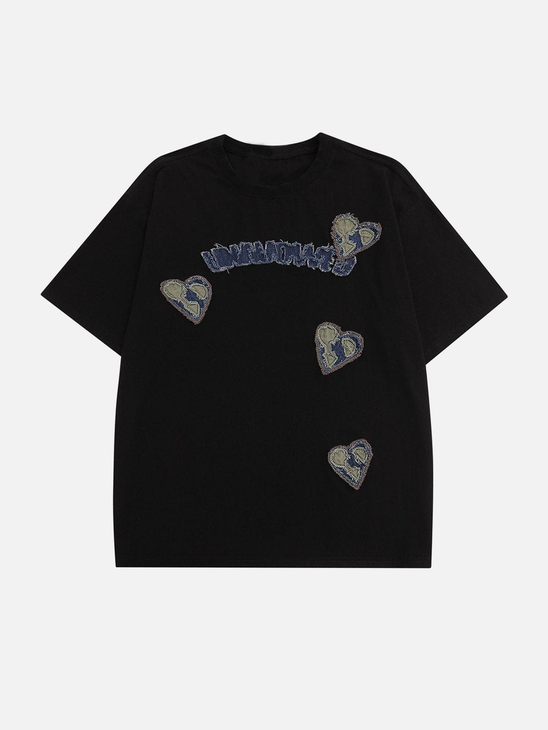 Majesda® - Applique Embroidery Denim Heart Elements Tee- Outfit Ideas - Streetwear Fashion - majesda.com