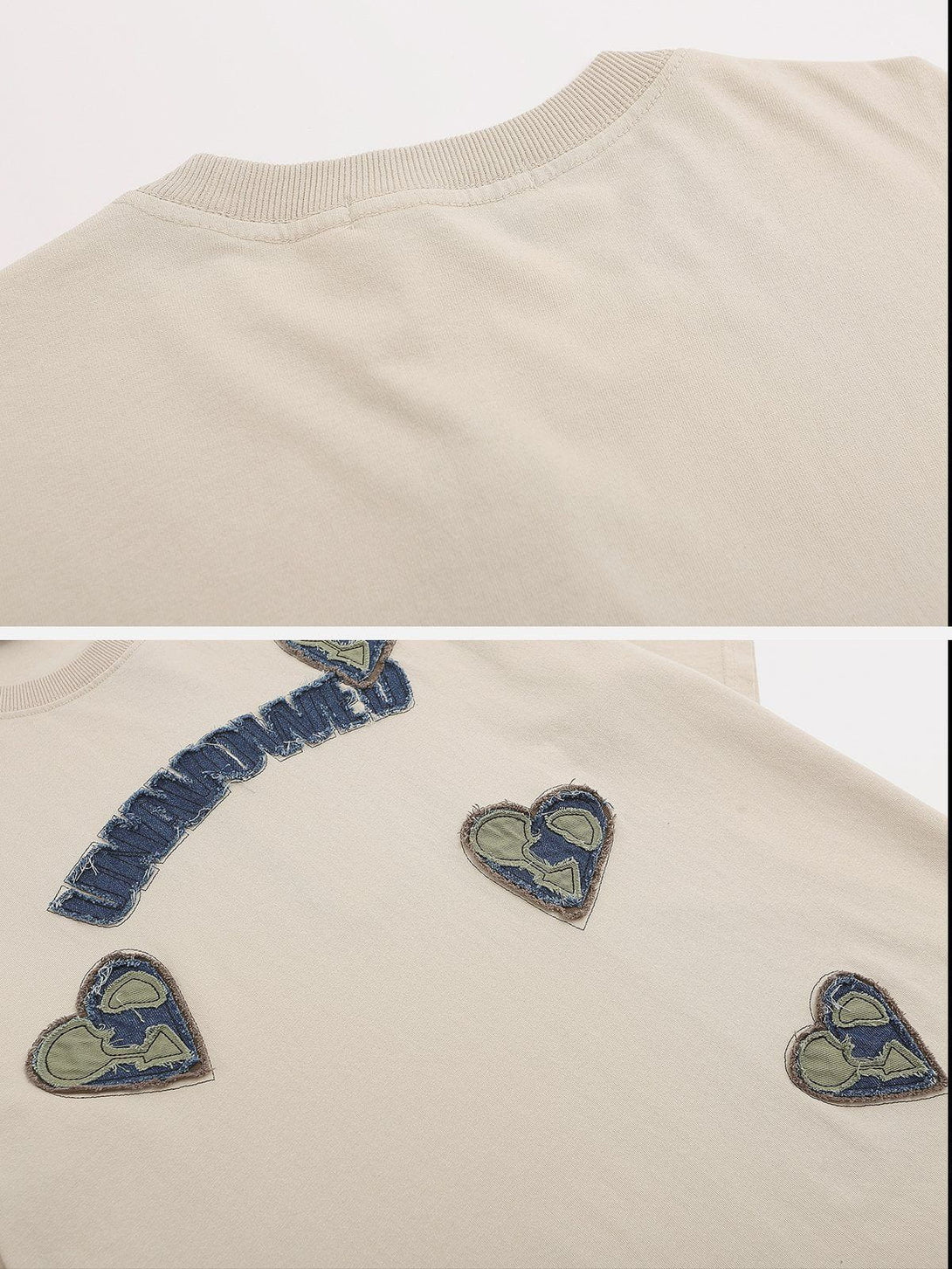 Majesda® - Applique Embroidery Denim Heart Elements Tee- Outfit Ideas - Streetwear Fashion - majesda.com