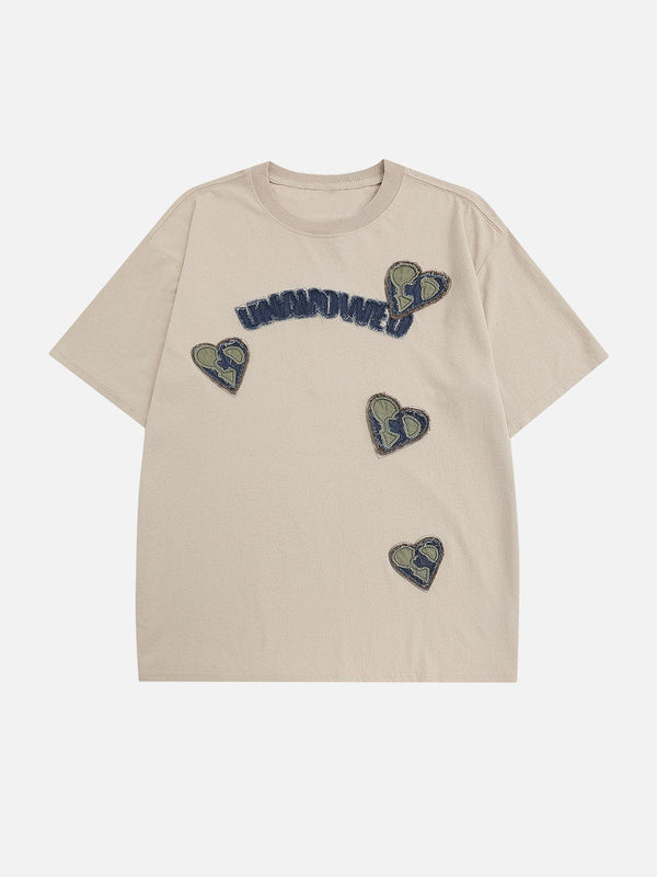 Majesda® - Applique Embroidery Denim Heart Elements Tee- Outfit Ideas - Streetwear Fashion - majesda.com