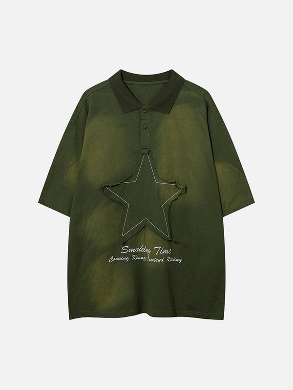 Majesda® - Applique Embroidery Star Washed Polo Tee- Outfit Ideas - Streetwear Fashion - majesda.com