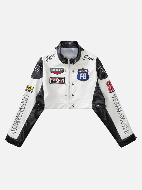 Majesda® - Badge Short PU Leather Racing Jacket - 1631- Outfit Ideas - Streetwear Fashion - majesda.com