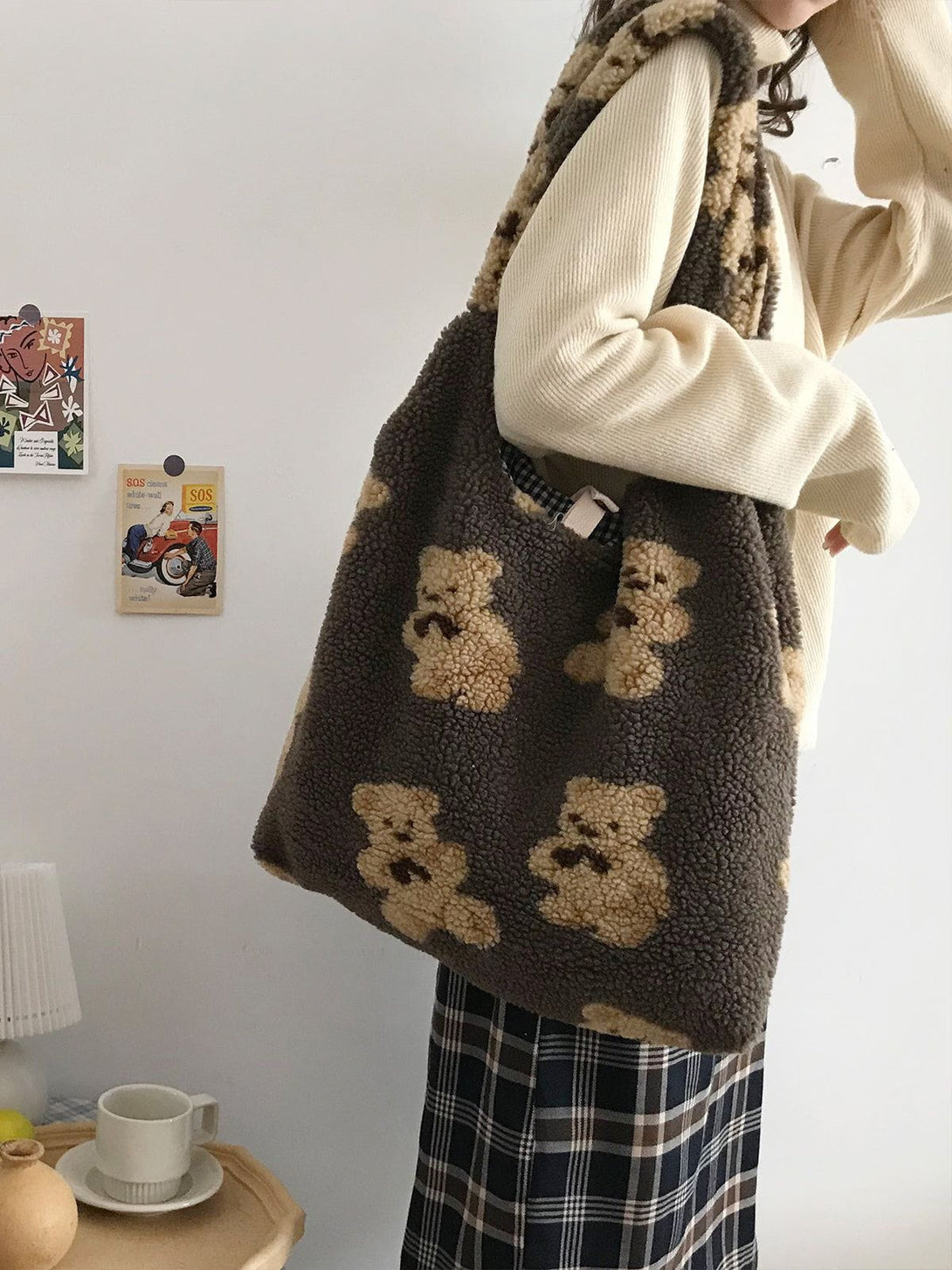 Majesda® - Bear Pattern Sherpa Bag- Outfit Ideas - Streetwear Fashion - majesda.com