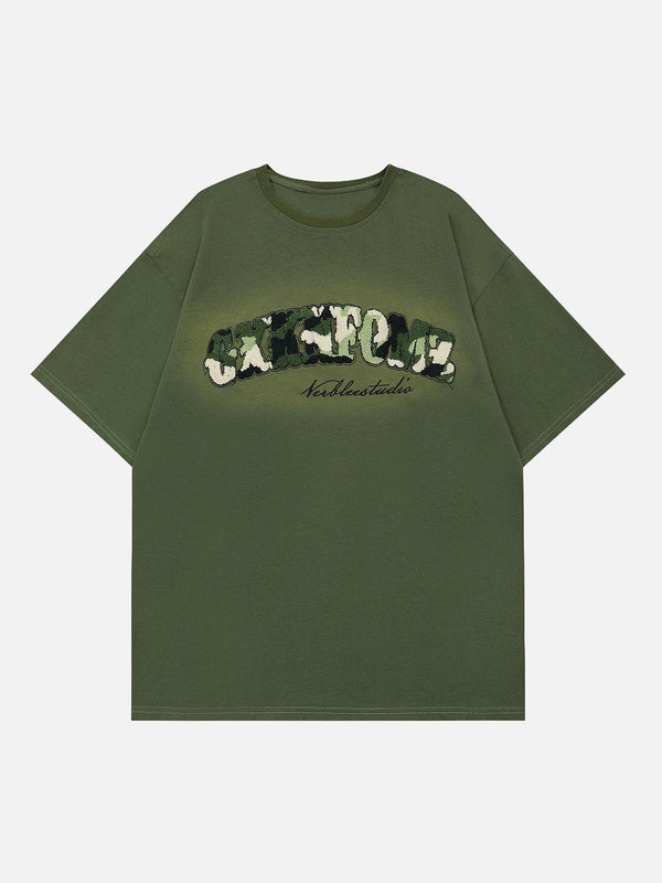 Majesda® - Camouflage Flocked Letter Cotton Tee- Outfit Ideas - Streetwear Fashion - majesda.com