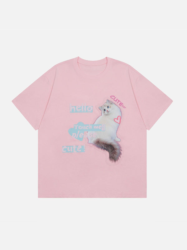 Majesda® - Cat Plush Print Heart Element Tee- Outfit Ideas - Streetwear Fashion - majesda.com