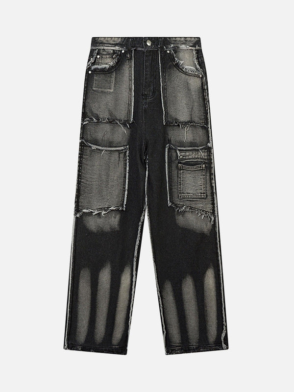 Majesda® - Cat Whiskers Raw Edge Patchwork Jeans - 1784- Outfit Ideas - Streetwear Fashion - majesda.com