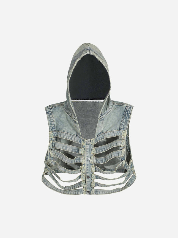 Majesda® - Dark Skeleton Hooded Denim Vest - 1637- Outfit Ideas - Streetwear Fashion - majesda.com