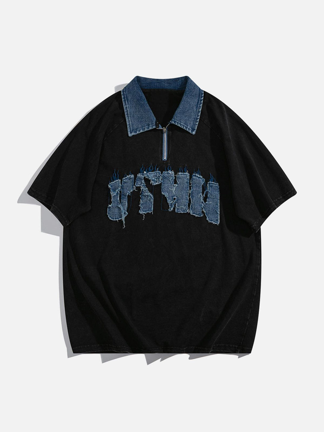 Majesda® - Denim Patch Embroidered Batik POLO Tee- Outfit Ideas - Streetwear Fashion - majesda.com