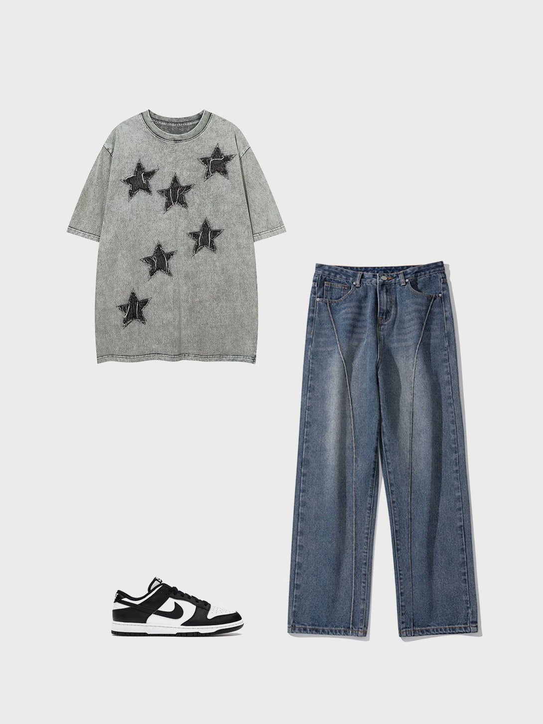 Majesda® - Denim Star Patchwork Washed Tee- Outfit Ideas - Streetwear Fashion - majesda.com