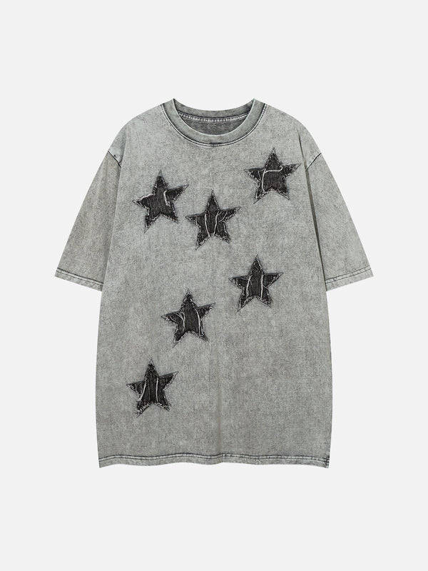 Majesda® - Denim Star Patchwork Washed Tee- Outfit Ideas - Streetwear Fashion - majesda.com