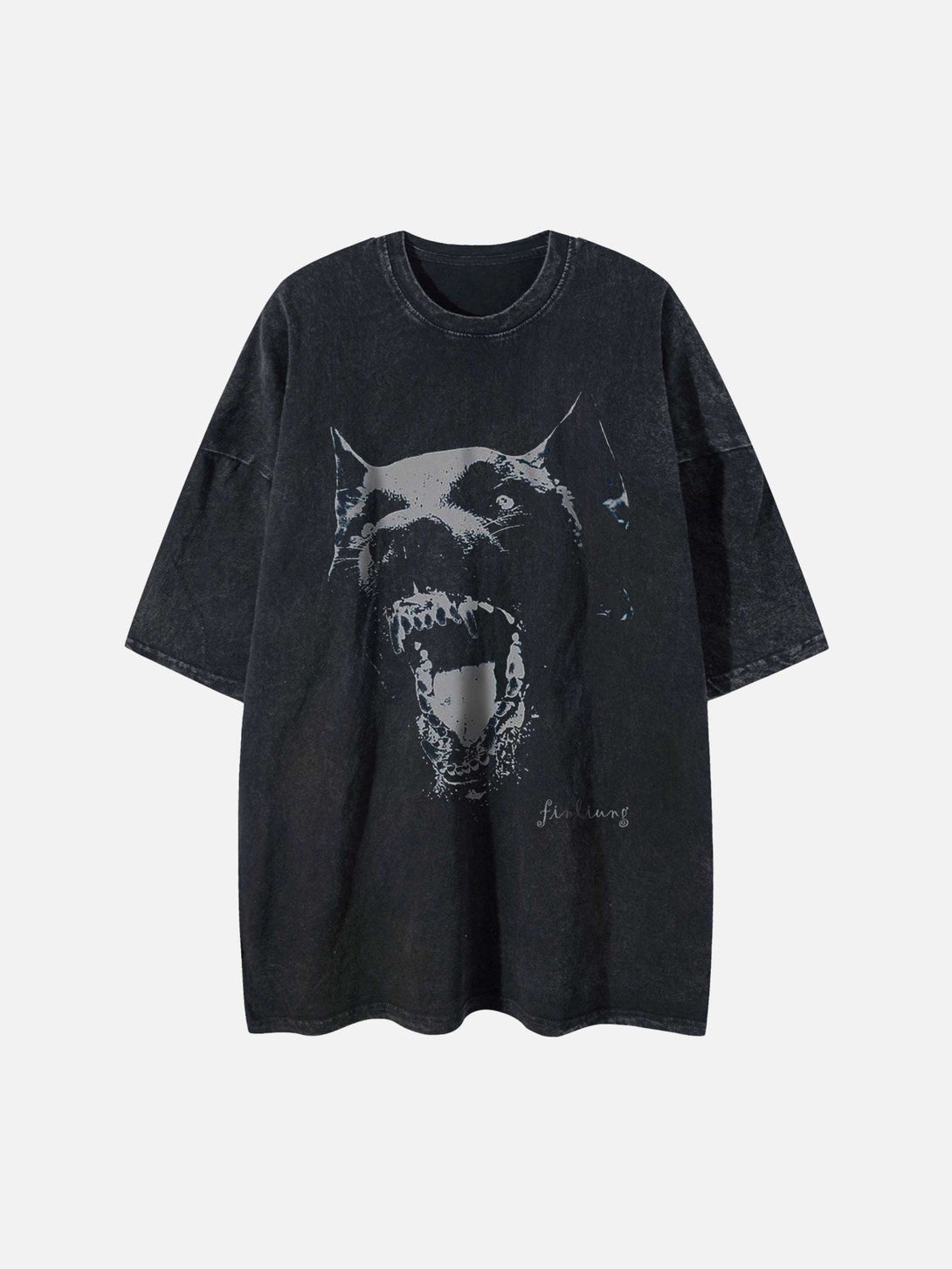 Majesda® - Doberman Print Washed T-shirt - 1856- Outfit Ideas - Streetwear Fashion - majesda.com