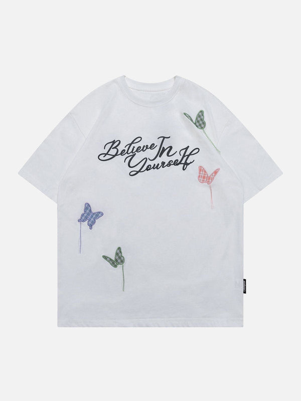 Majesda® - Embroidered Butterfly Letter Tee- Outfit Ideas - Streetwear Fashion - majesda.com