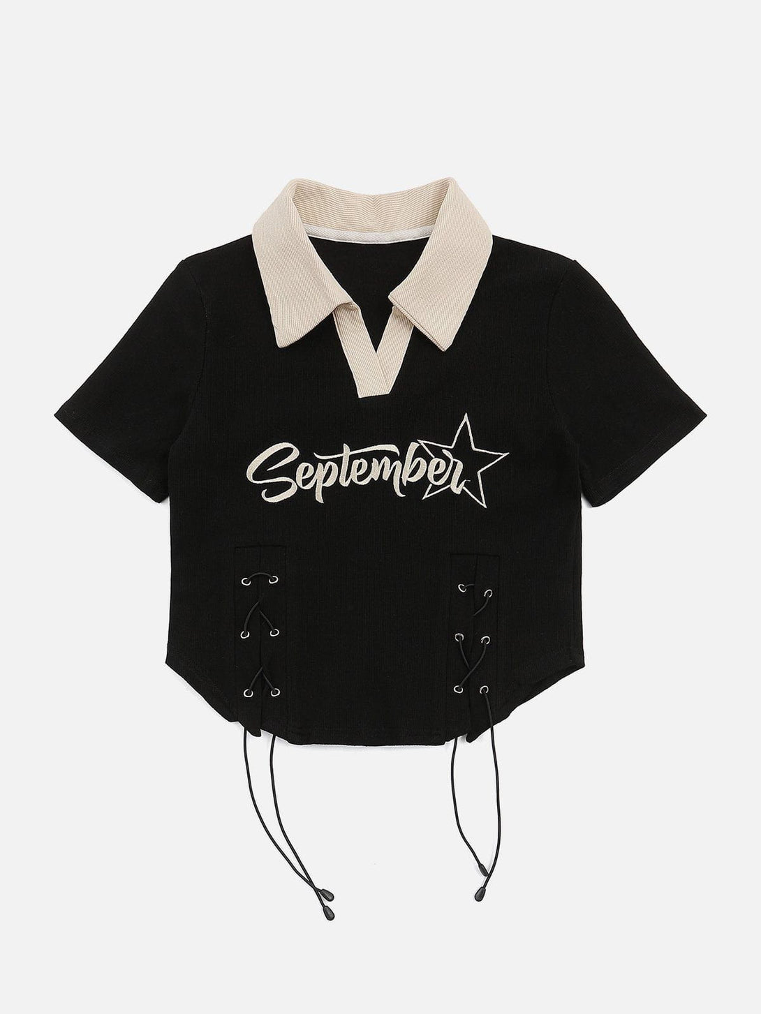 Majesda® - Embroidery Side Drawstring Fold-over Star Tee- Outfit Ideas - Streetwear Fashion - majesda.com