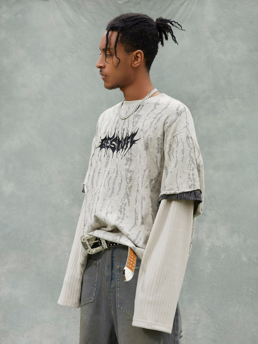 Majesda® - Fake Two-piece Distressed Textured Woolen T-shirt- Outfit Ideas - Streetwear Fashion - majesda.com