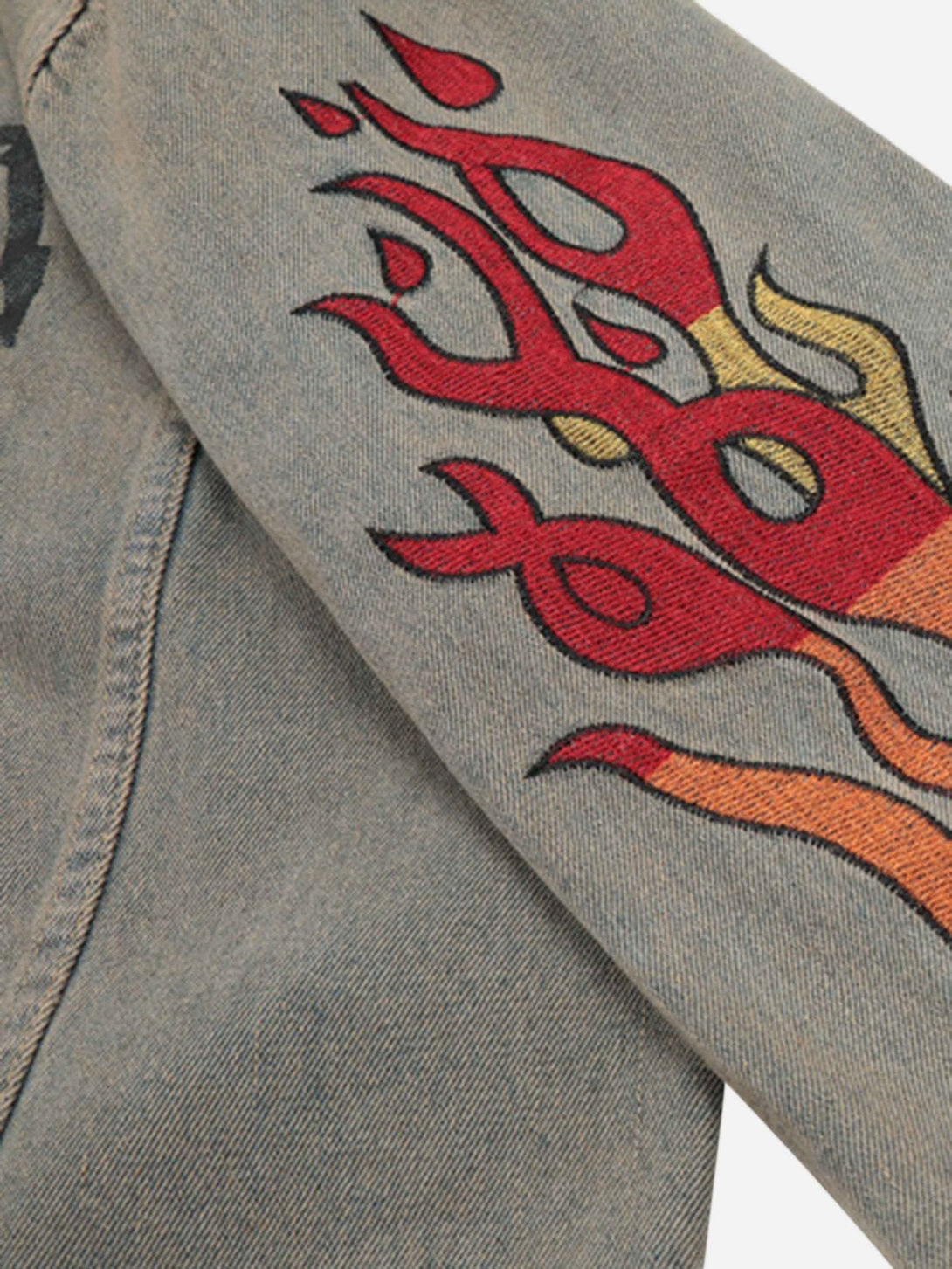 Majesda® - Flame Denim Embroidered Burlap Jacket - 1543- Outfit Ideas - Streetwear Fashion - majesda.com