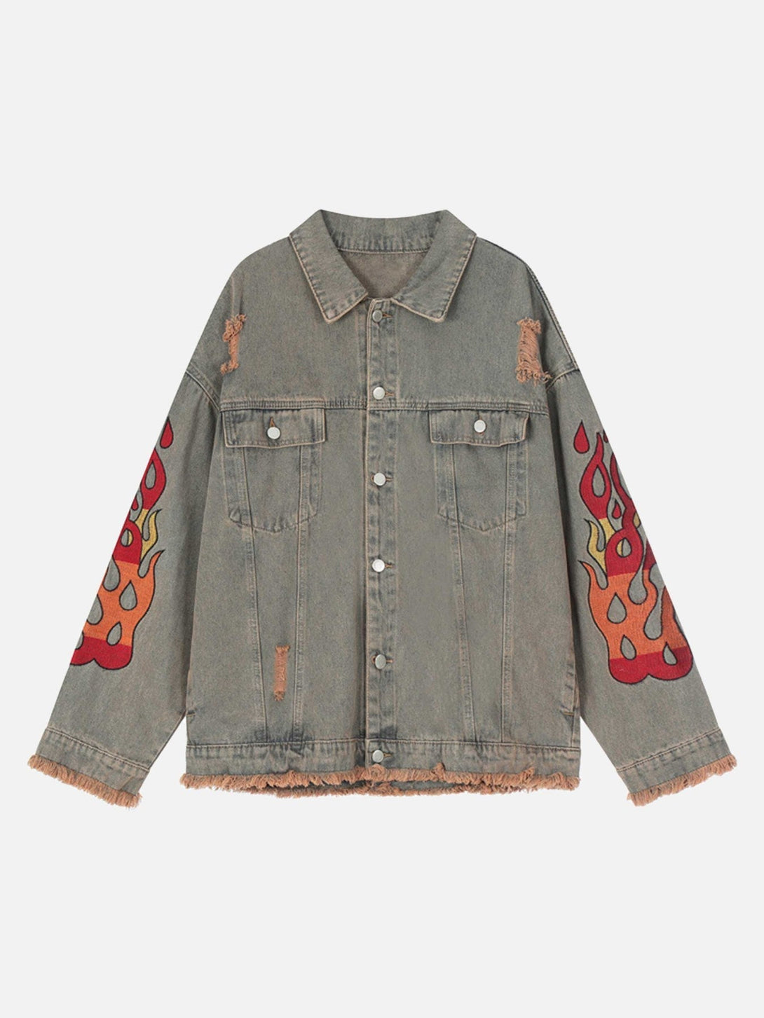 Majesda® - Flame Denim Embroidered Burlap Jacket - 1543- Outfit Ideas - Streetwear Fashion - majesda.com