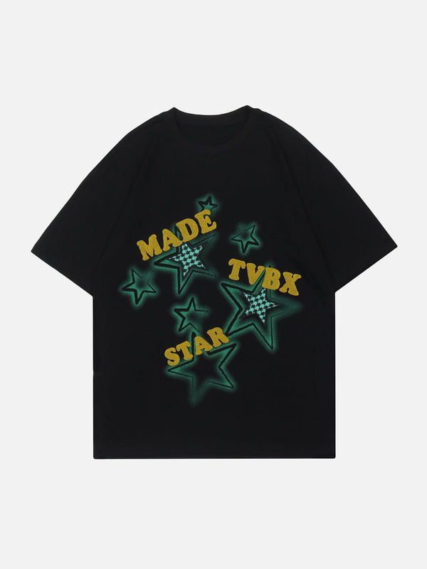 Majesda® - Flocked Plaid Star Letter Tee- Outfit Ideas - Streetwear Fashion - majesda.com