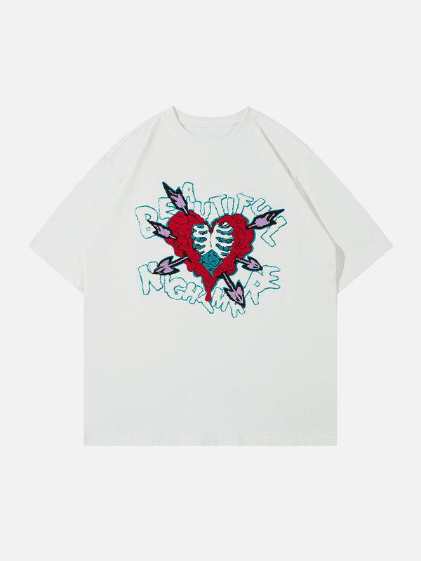 Majesda® - Heart-shaped Embroidery Print Tee- Outfit Ideas - Streetwear Fashion - majesda.com