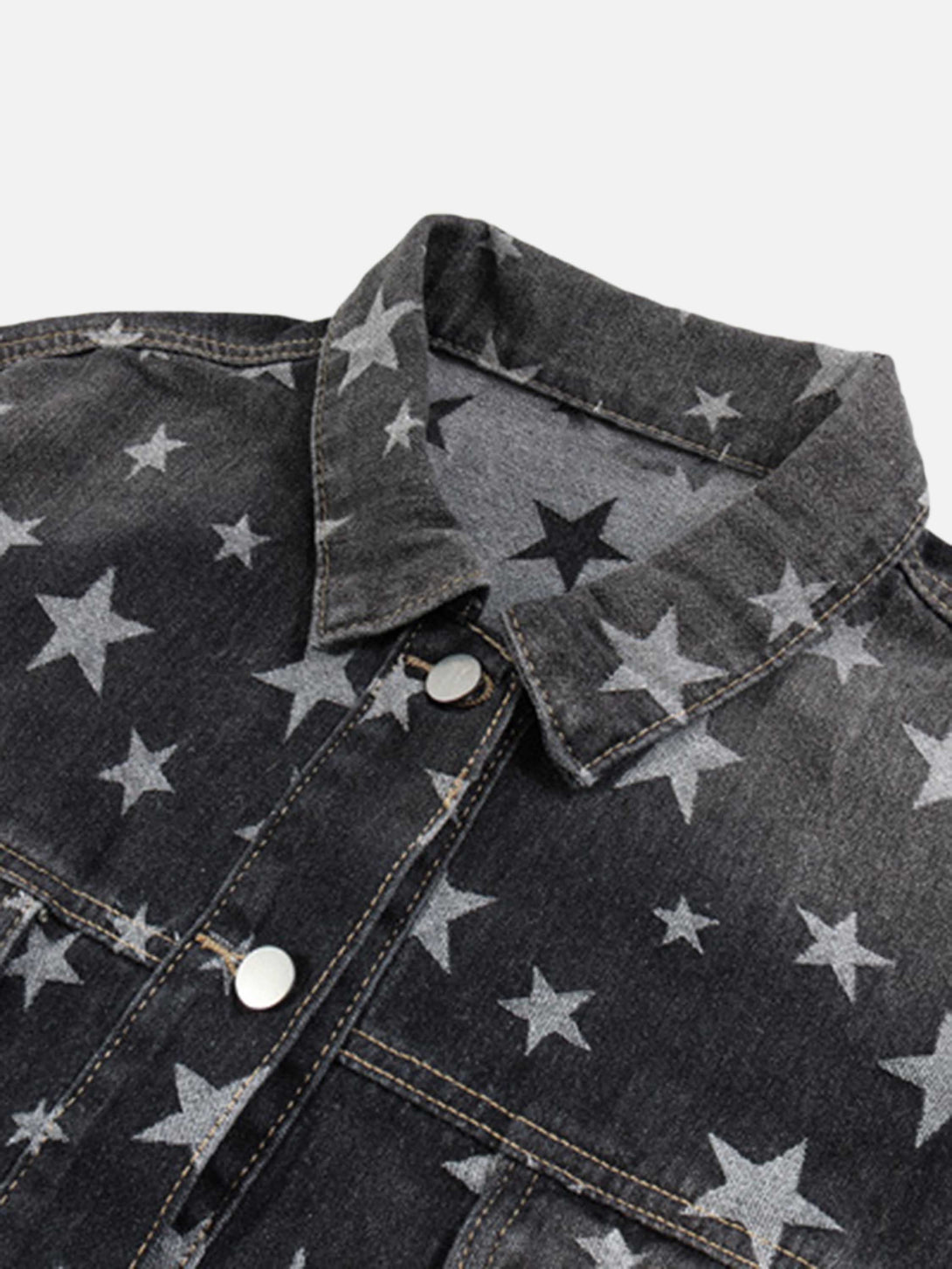 Majesda® - High Street Niche Design Pentagram Full Print Wash Vintage Denim Jacket -1433- Outfit Ideas - Streetwear Fashion - majesda.com