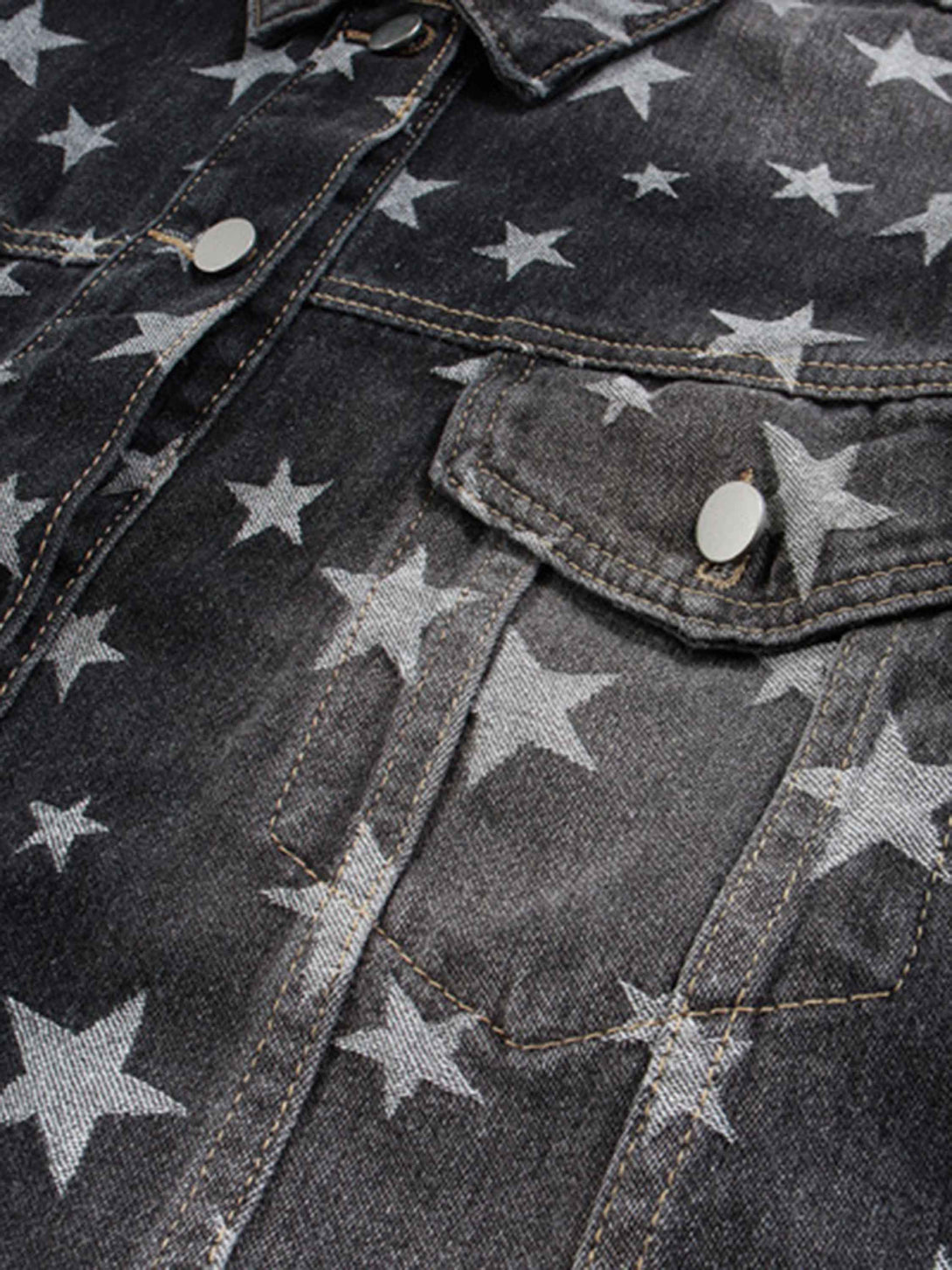 Majesda® - High Street Niche Design Pentagram Full Print Wash Vintage Denim Jacket -1433- Outfit Ideas - Streetwear Fashion - majesda.com