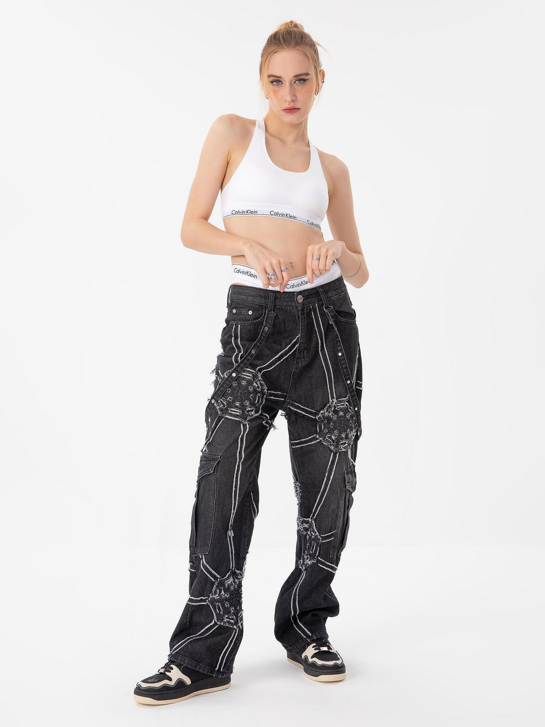 Majesda® - Hip-hop High Street Design Sense Spider Web Denim Straight Leg Pants-1512- Outfit Ideas - Streetwear Fashion - majesda.com