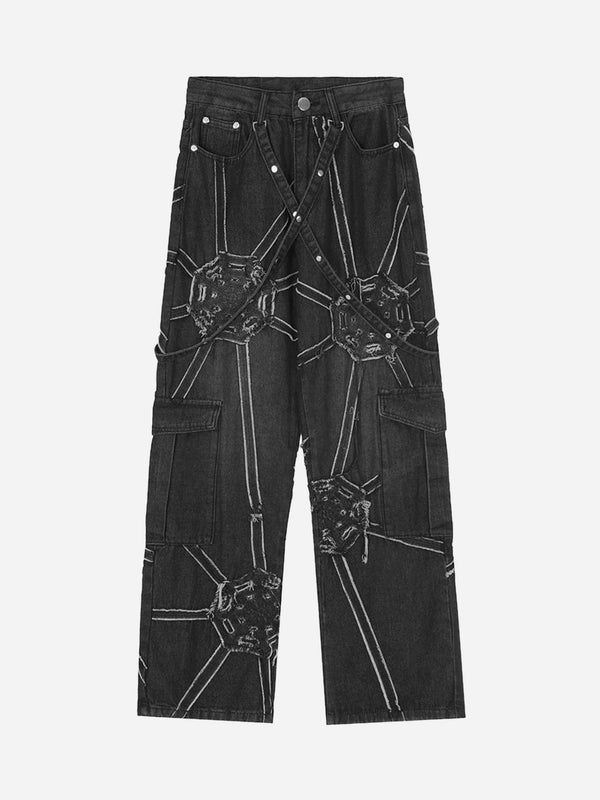 Majesda® - Hip-hop High Street Design Sense Spider Web Denim Straight Leg Pants-1512- Outfit Ideas - Streetwear Fashion - majesda.com