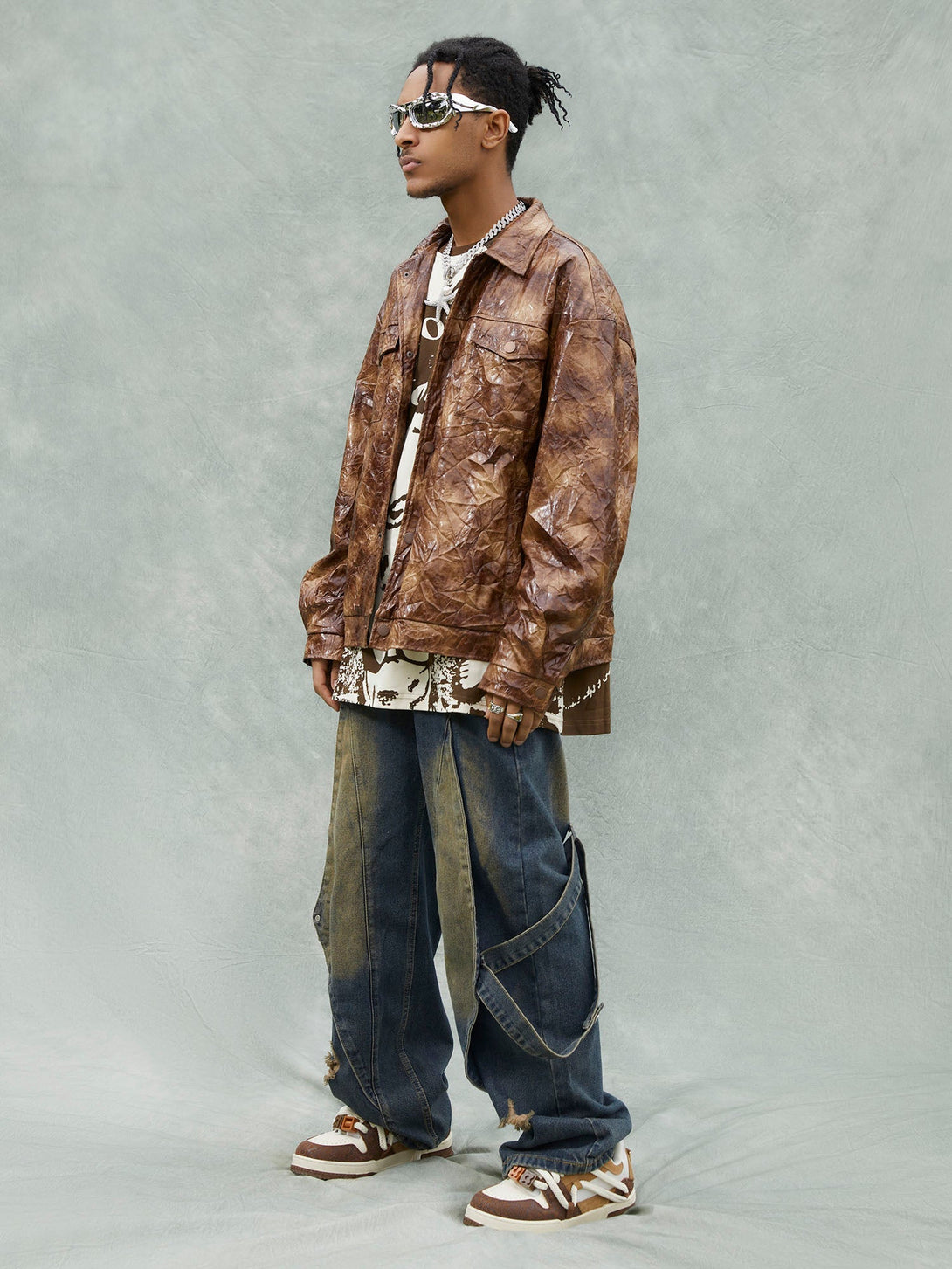 Majesda® - Leather Pleated Slim Fit Brown Jacket- Outfit Ideas - Streetwear Fashion - majesda.com