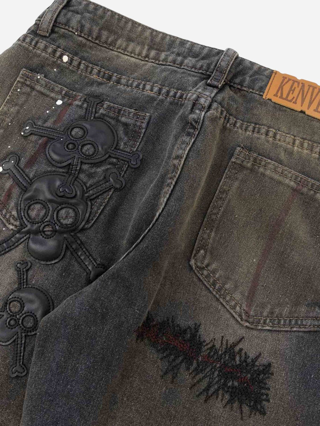 Majesda® - Leather Skull Splash Ink Micro-flared Jeans- Outfit Ideas - Streetwear Fashion - majesda.com