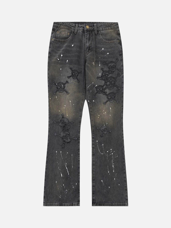 Majesda® - Leather Skull Splash Ink Micro-flared Jeans- Outfit Ideas - Streetwear Fashion - majesda.com