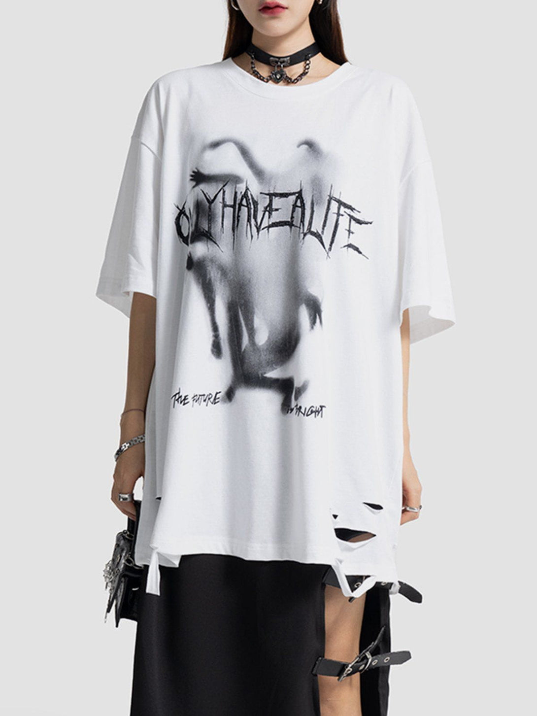 Majesda® - Letter Abstract Print Hole Tee- Outfit Ideas - Streetwear Fashion - majesda.com