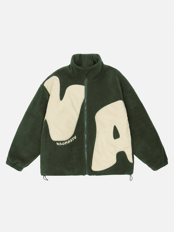 Majesda® - Letter Appliqu��d Lambswool Jacket - 1983- Outfit Ideas - Streetwear Fashion - majesda.com