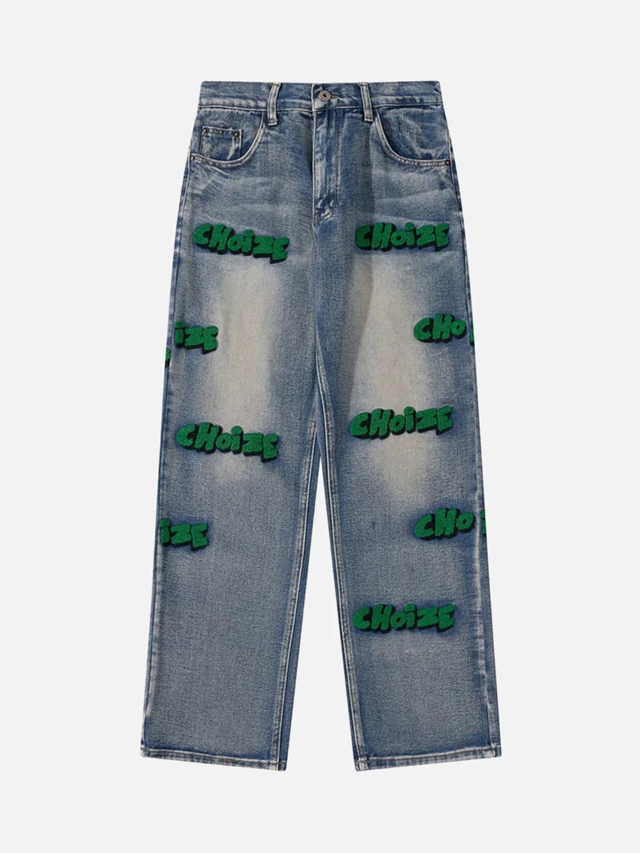 Majesda® - Letter Flocking Distressed Straight Jeans -1047- Outfit Ideas - Streetwear Fashion - majesda.com