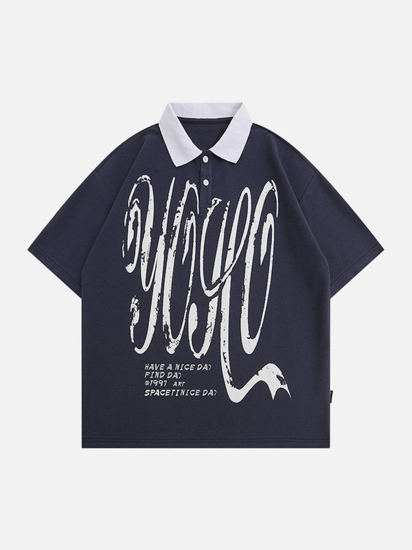 Majesda® - Letter Graffiti Polo Collar Tee- Outfit Ideas - Streetwear Fashion - majesda.com