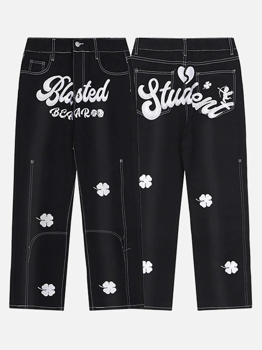 Majesda® - Letter Lucky Clover Embroidered Baggy Jeans - 1162- Outfit Ideas - Streetwear Fashion - majesda.com