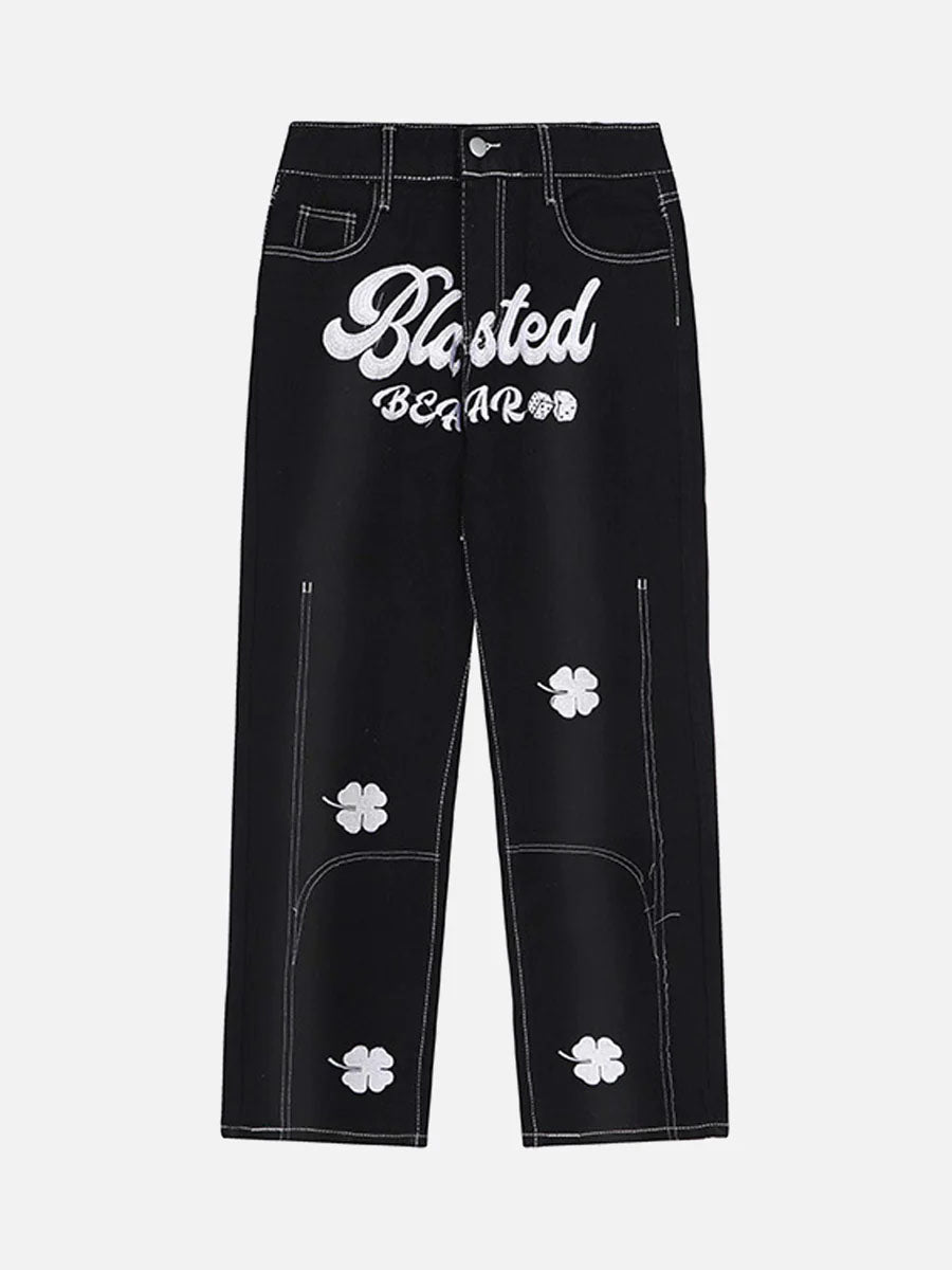 Majesda® - Letter Lucky Clover Embroidered Baggy Jeans - 1162- Outfit Ideas - Streetwear Fashion - majesda.com