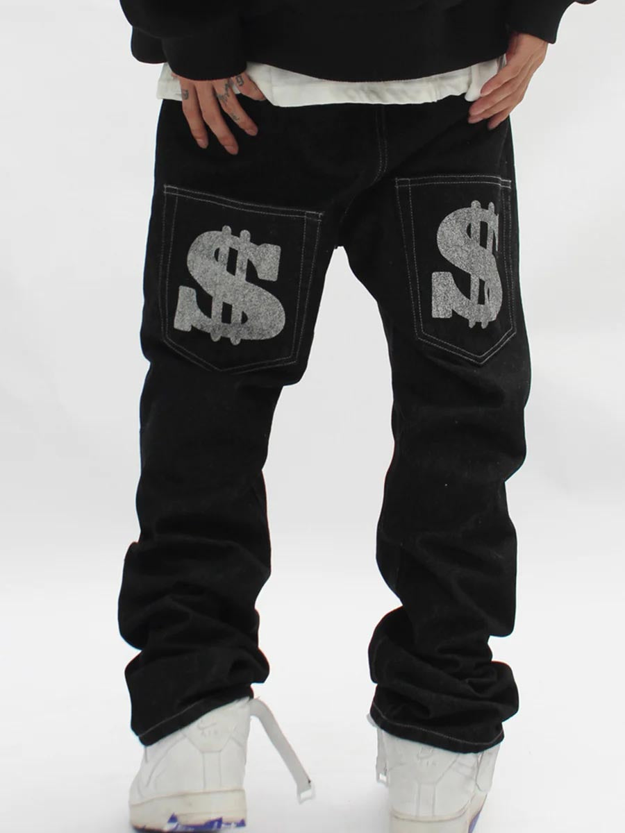 Majesda® - Letter Print Dollar Black Baggy Jeans -1024- Outfit Ideas - Streetwear Fashion - majesda.com