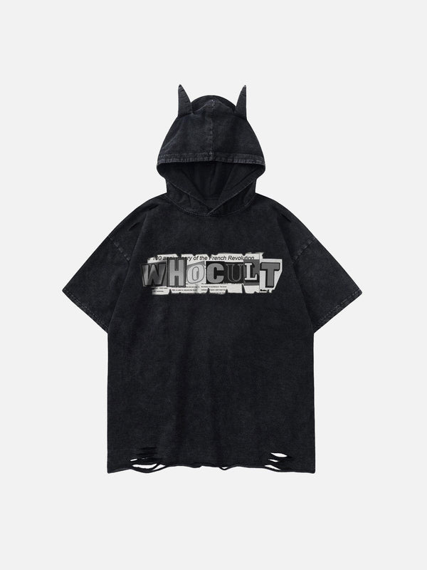 Majesda® - Letter Print Ripped Hooded Tee- Outfit Ideas - Streetwear Fashion - majesda.com