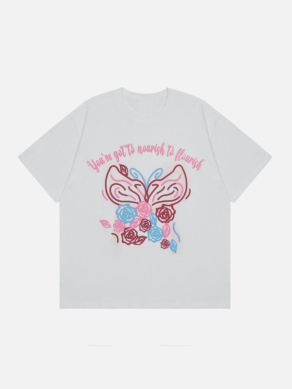 Majesda® - Line Flower Butterfly Print Tee- Outfit Ideas - Streetwear Fashion - majesda.com