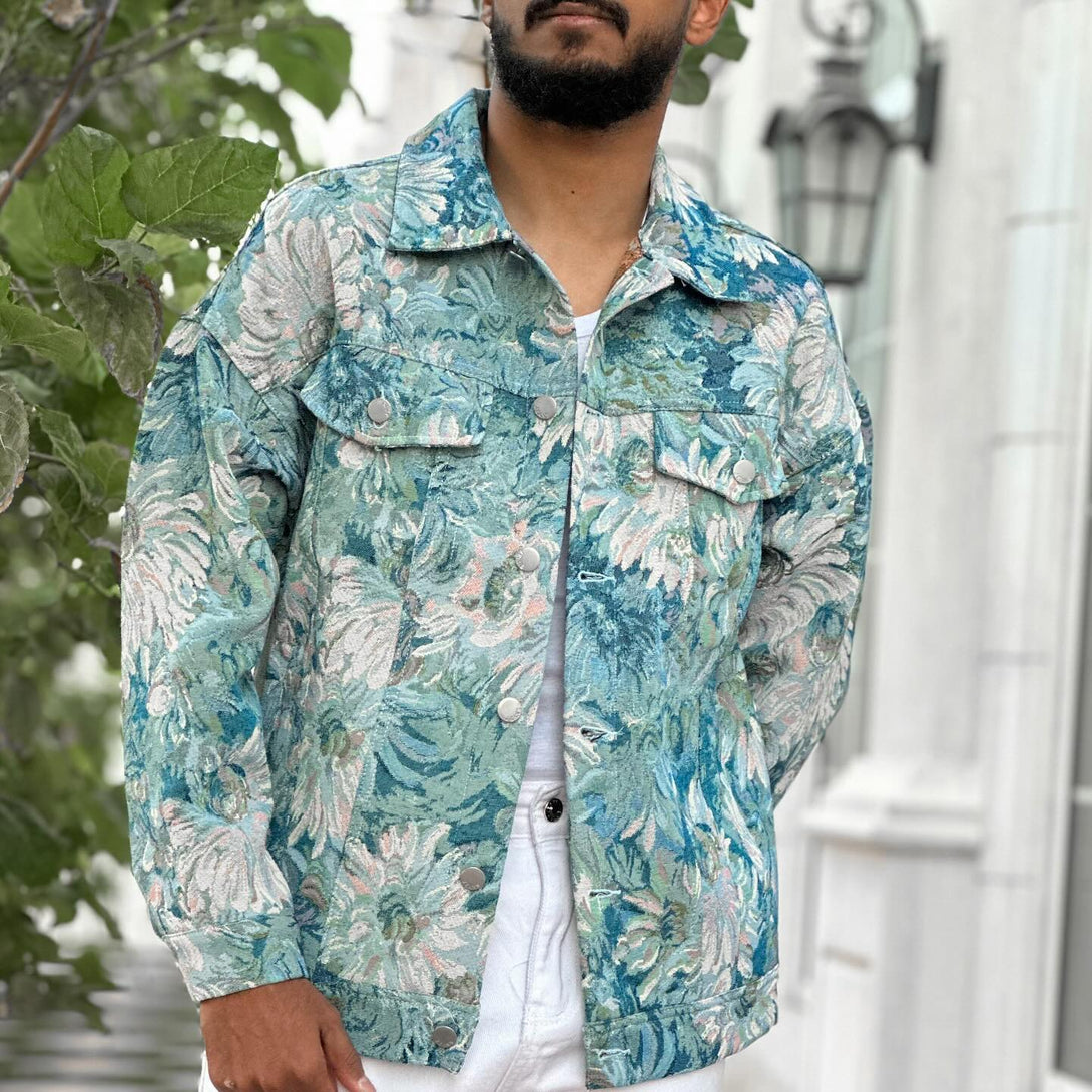 Majesda® - Oil Painting Jacquard Flower Denim Jacket -1286- Outfit Ideas - Streetwear Fashion - majesda.com