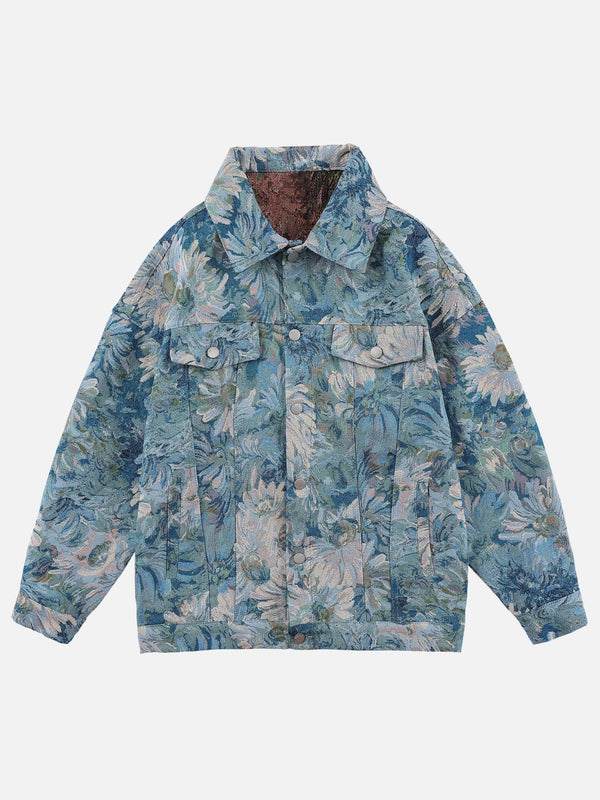 Majesda® - Oil Painting Jacquard Flower Denim Jacket -1286- Outfit Ideas - Streetwear Fashion - majesda.com