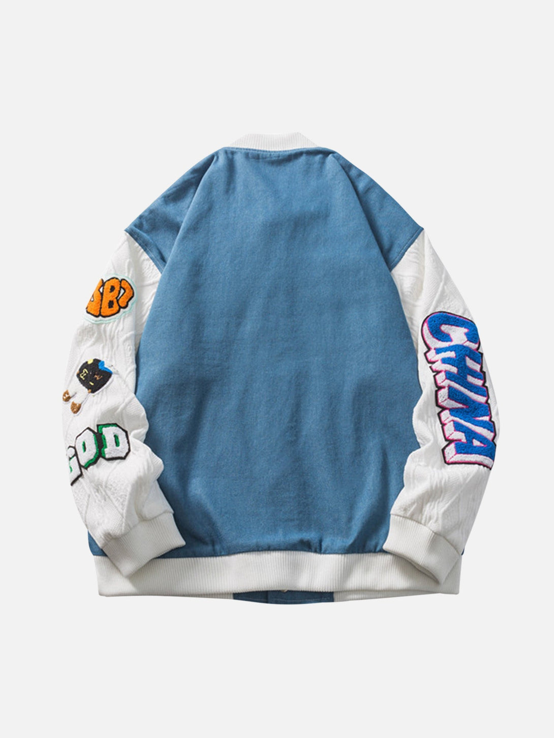 Majesda® - Patch Embroidered Denim Patchwork Baseball Jacket- Outfit Ideas - Streetwear Fashion - majesda.com